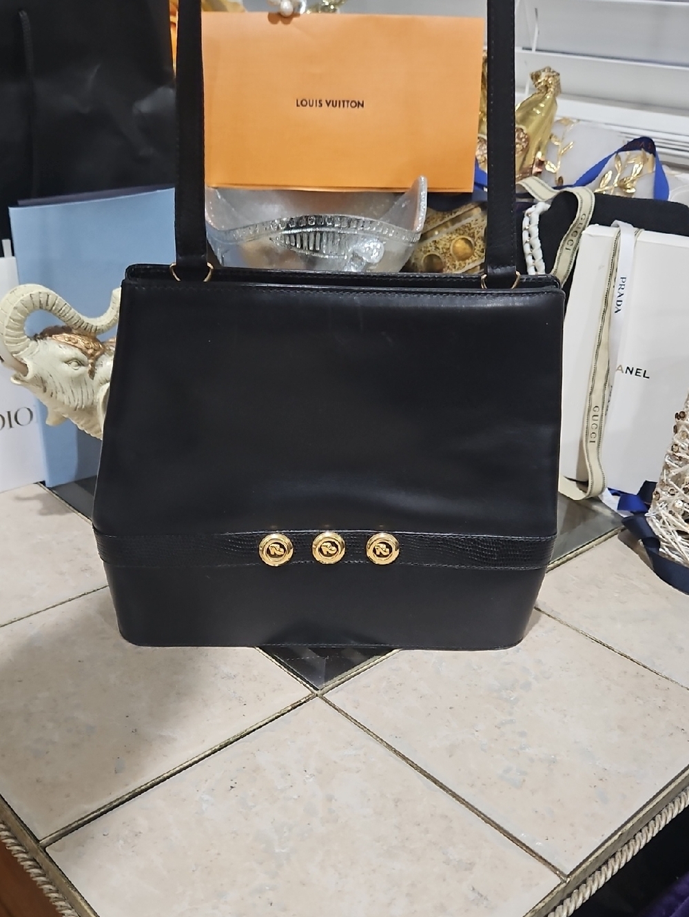 Vintage Salvatore Ferragamo Leather Black Shoulder Bag w/Gold Hardware & COA